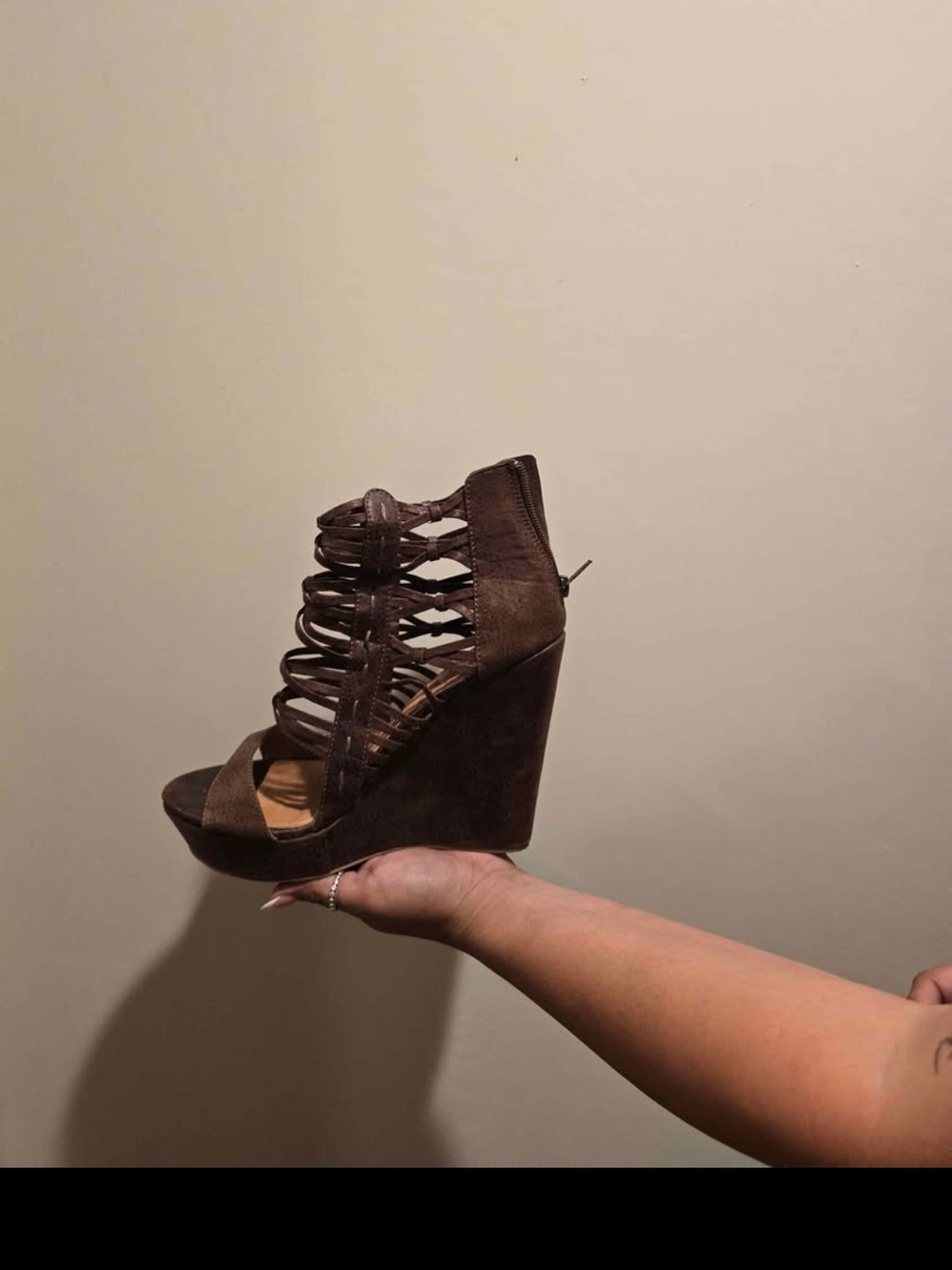 Brown Strappy High Wedge Sandals with Back Zip